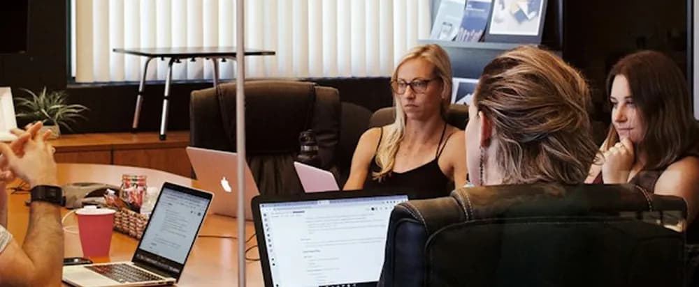 People at laptops around a meeting table.