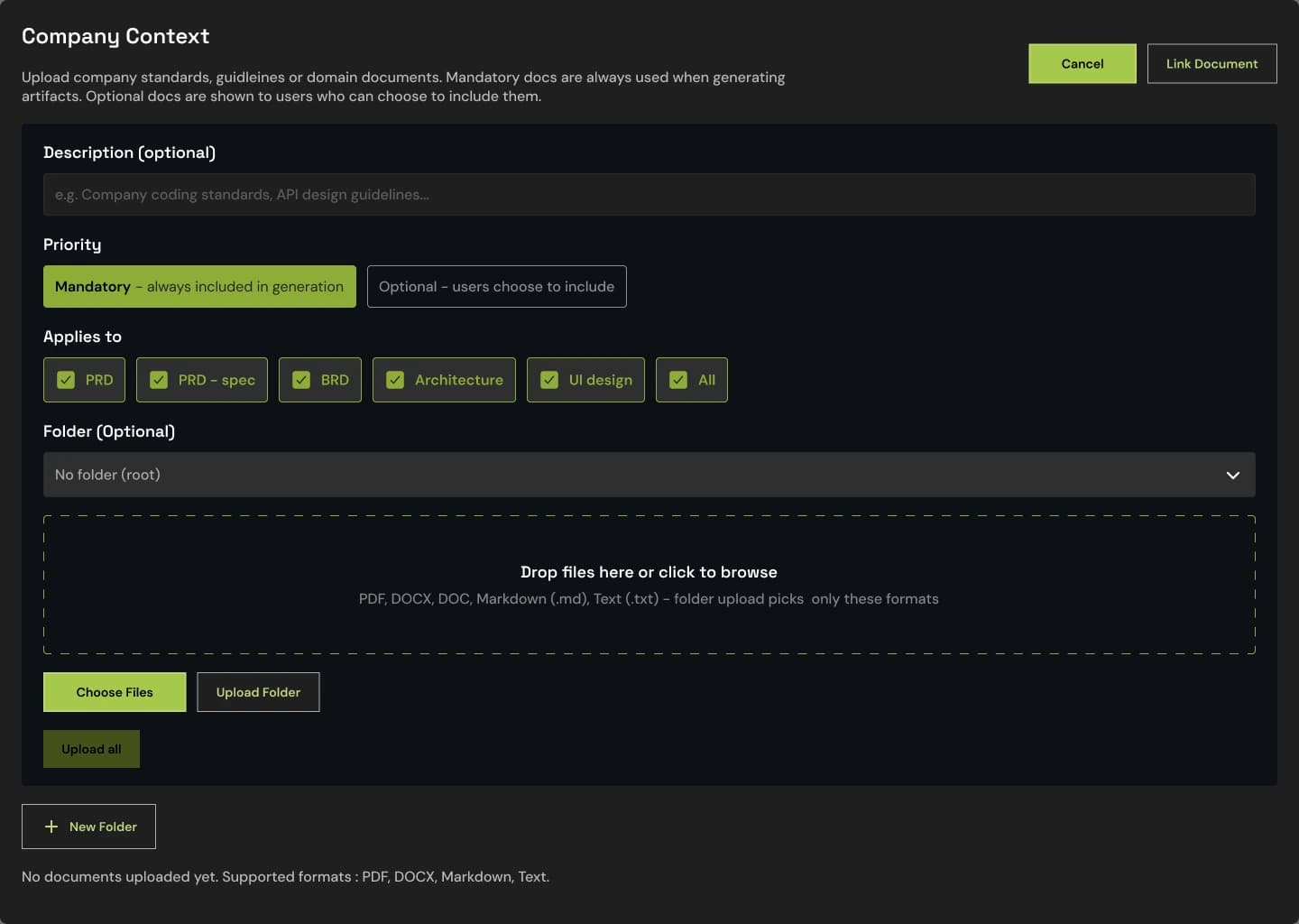 Opsera Forge company context: uploading the standards, guidelines and domain documents that every generated artifact draws on.