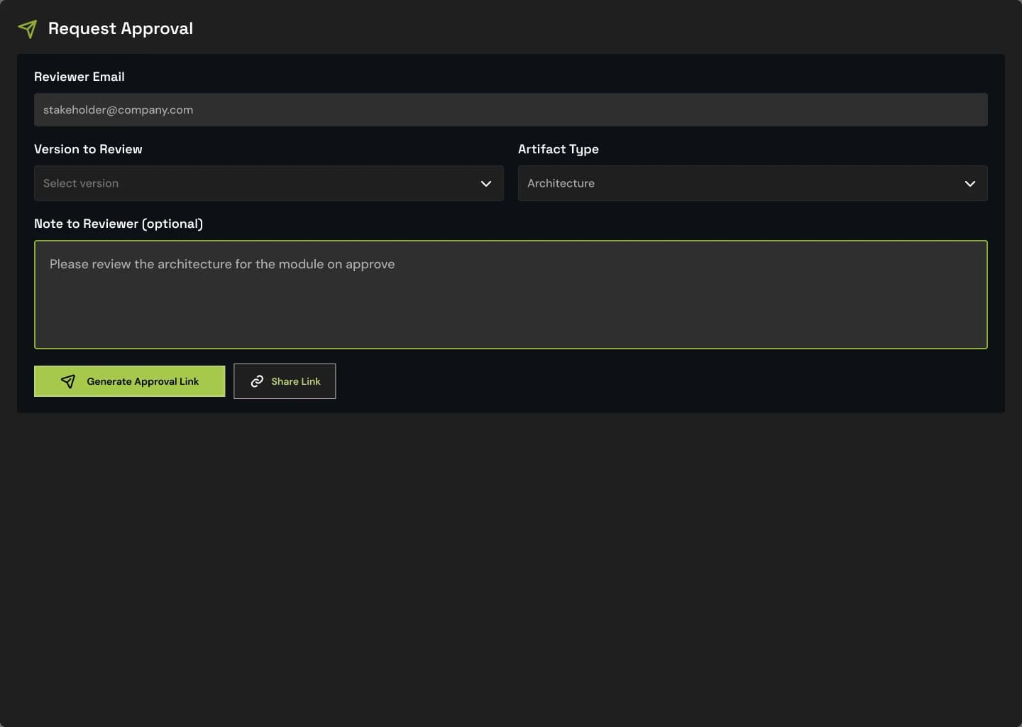 Opsera Forge approval request: the reviewer, the version and artifact to review, and a note, sent as an approval link.
