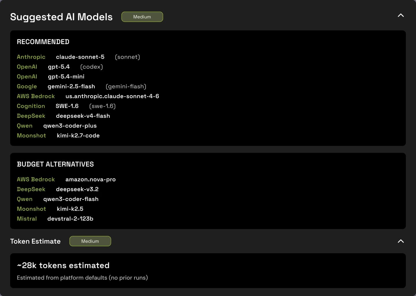 Opsera Forge model suggestions: recommended and budget models for a task, with a token estimate of about 28k.