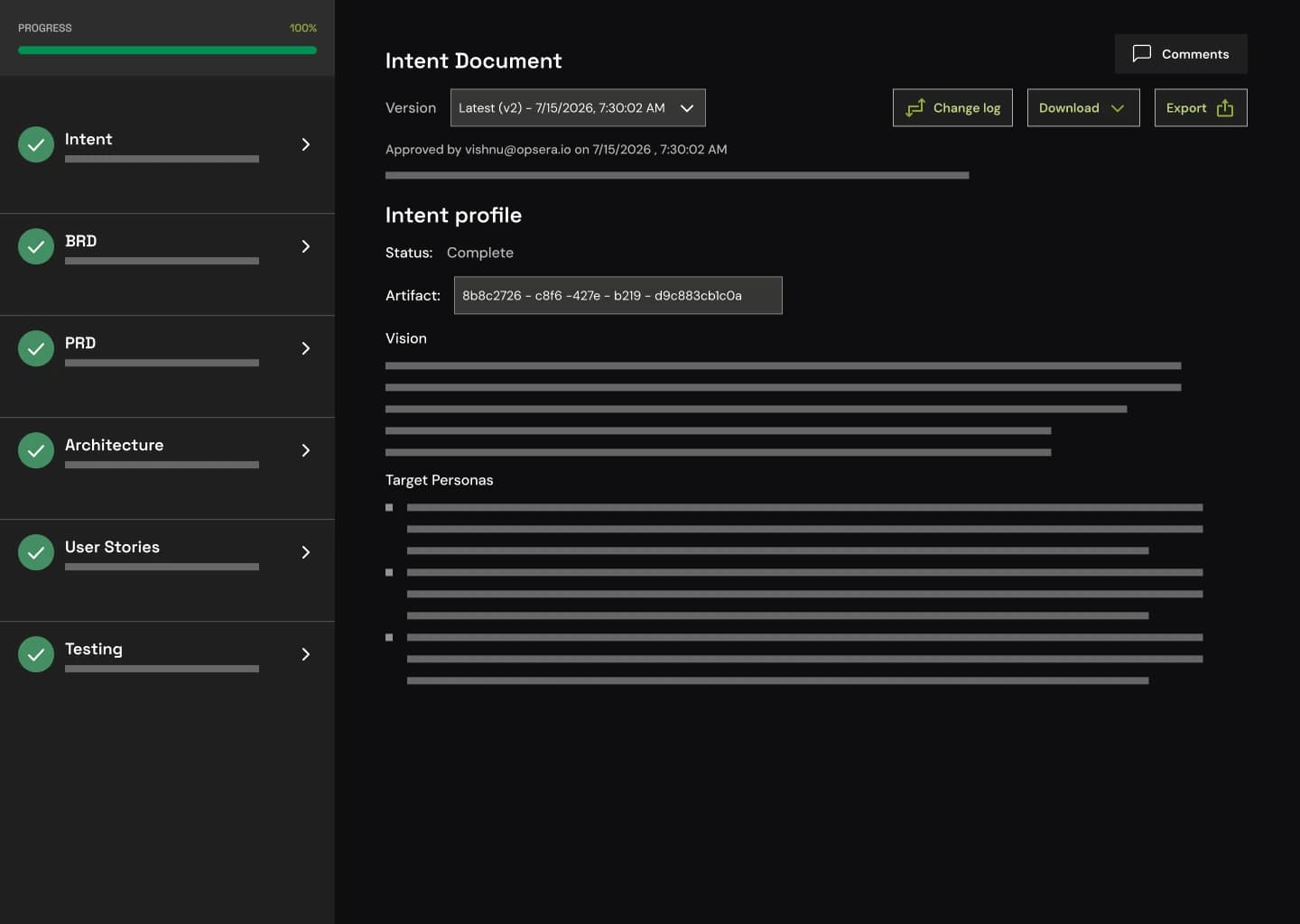 Opsera Forge intent document: a versioned intent profile, with each step from intent through BRD, PRD, architecture, user stories and testing complete.