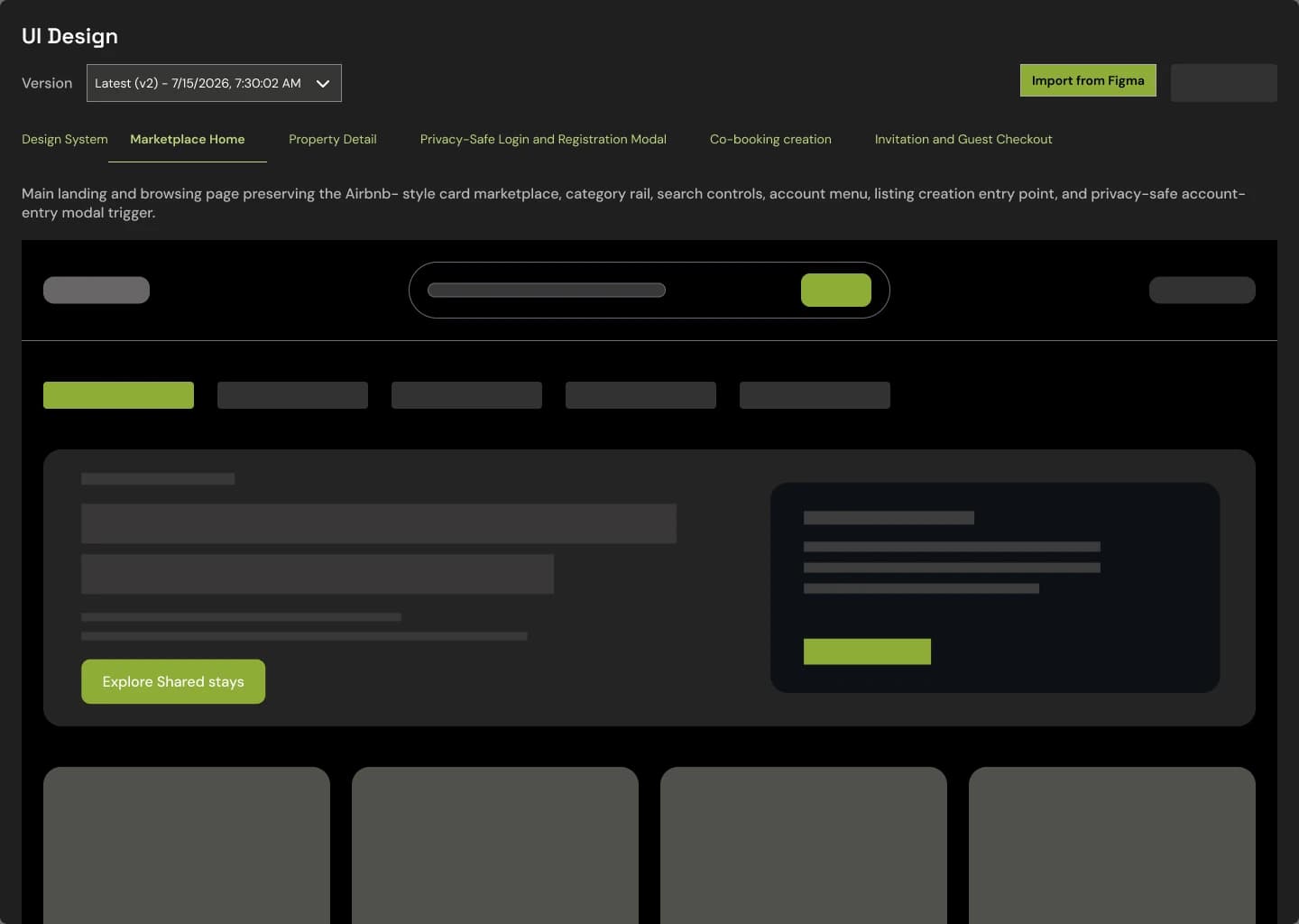 Opsera Forge UI design: a versioned screen design for a marketplace home page, with tabs for each screen, previewed before any code.
