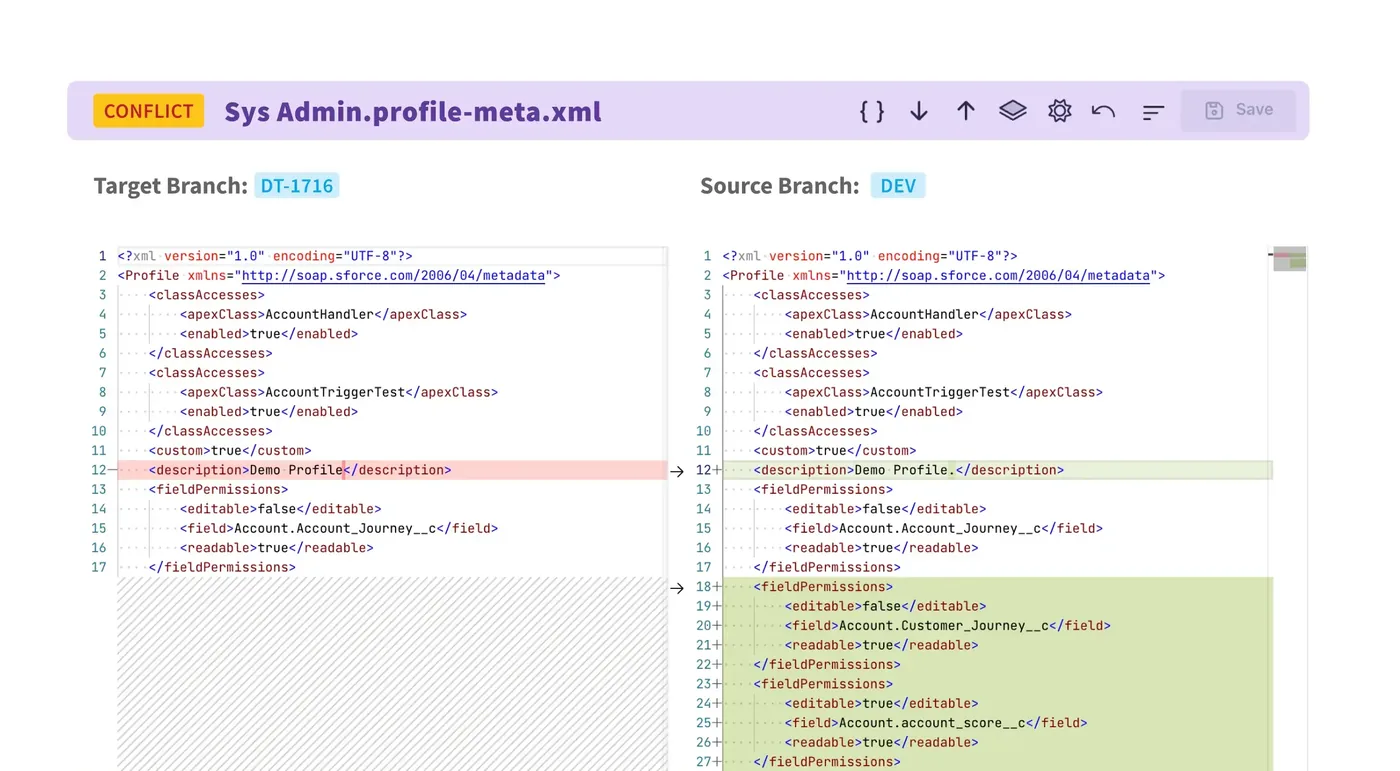 A metadata conflict between a target branch and a source branch, shown side by side with the differing lines marked.