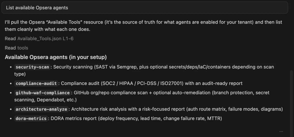 Opsera DevSecOps agents panel showing security-scan, compliance-audit, github-waf-compliance, architecture-analyze, and dora-metrics agents