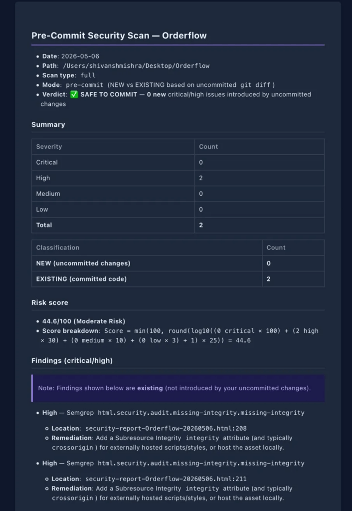 Opsera security scan report classifying Semgrep findings as NEW or EXISTING with SRI remediation guidance for the Orderflow repository