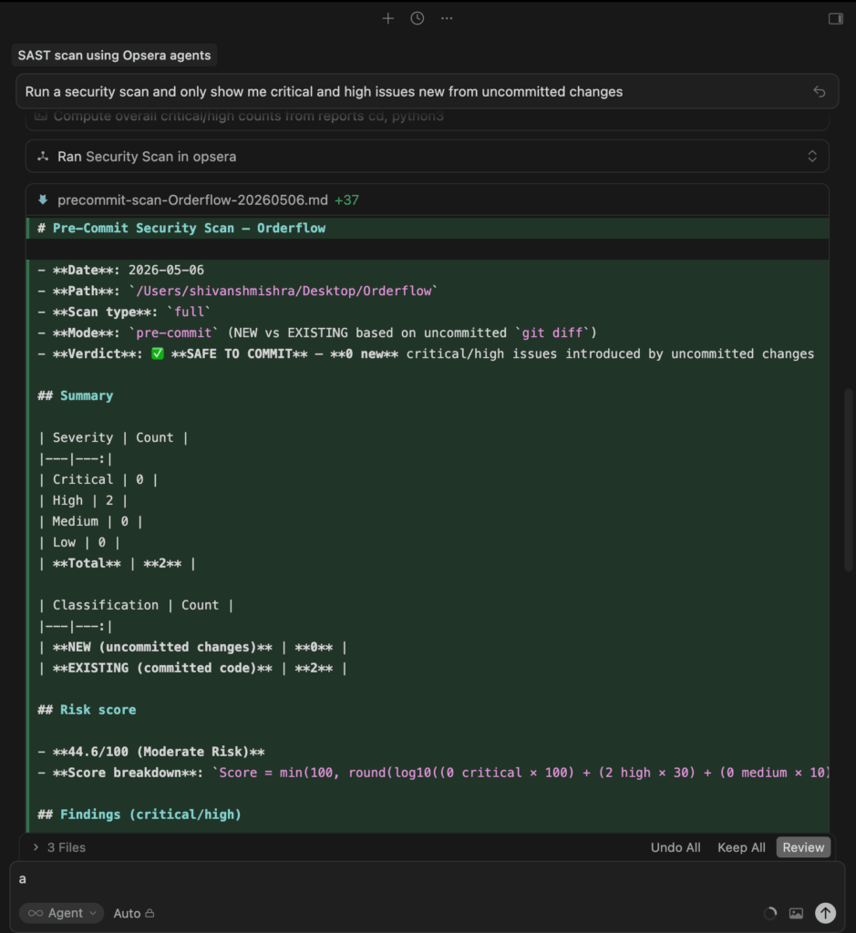 Opsera AppSec Agent running a pre-commit security scan for critical and high severity issues inside a developer IDE