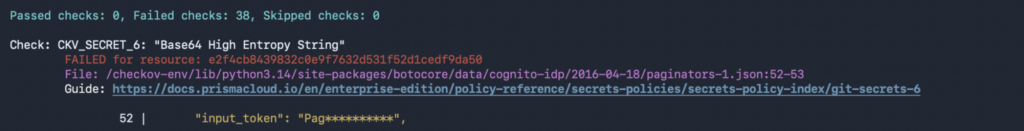 Checkov scan result showing CKV_SECRET_6 failure for a Base64 high entropy string detected as an exposed credential in a Kubernetes Secret YAML file at line 52.