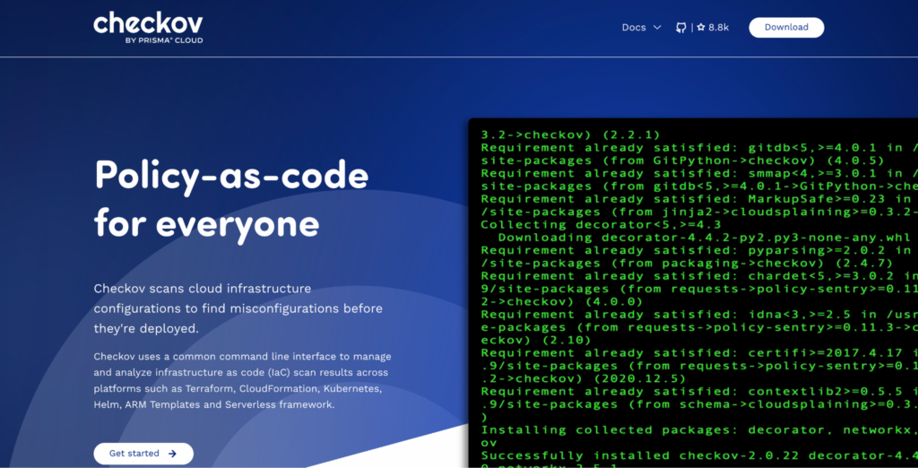 Screenshot of the Checkov by Prisma Cloud website featuring the headline "Policy-as-code for everyone" alongside a terminal showing the Checkov installation and dependency resolution process.