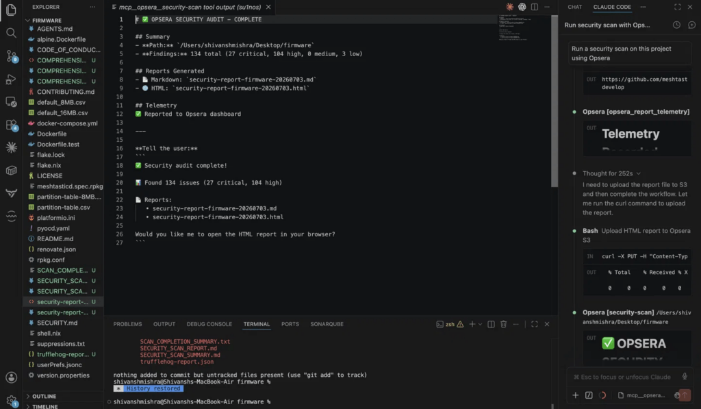 Screenshot of a Claude Code terminal session showing the Opsera security scan prompt, findings summary, and report generation output