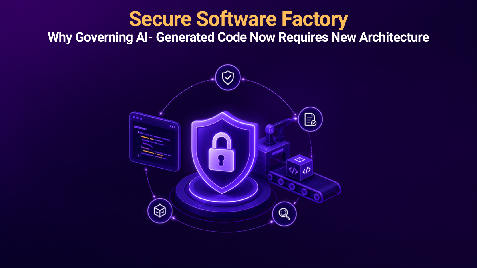 Secure Software Factory: Why Governing AI-Generated Code Now Requires New Architecture — infographic showing a shield protecting a code editor and automated build pipeline, surrounded by icons for compliance, security scanning, and packaging