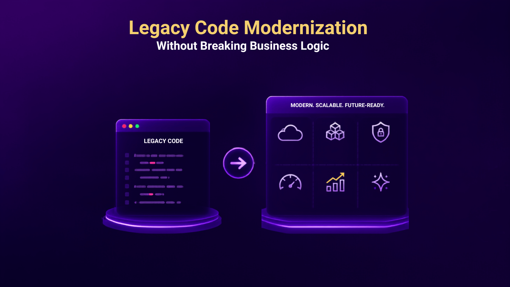 Illustration showing legacy code transforming into a modern, scalable, future-ready system with cloud, security, and performance icons.