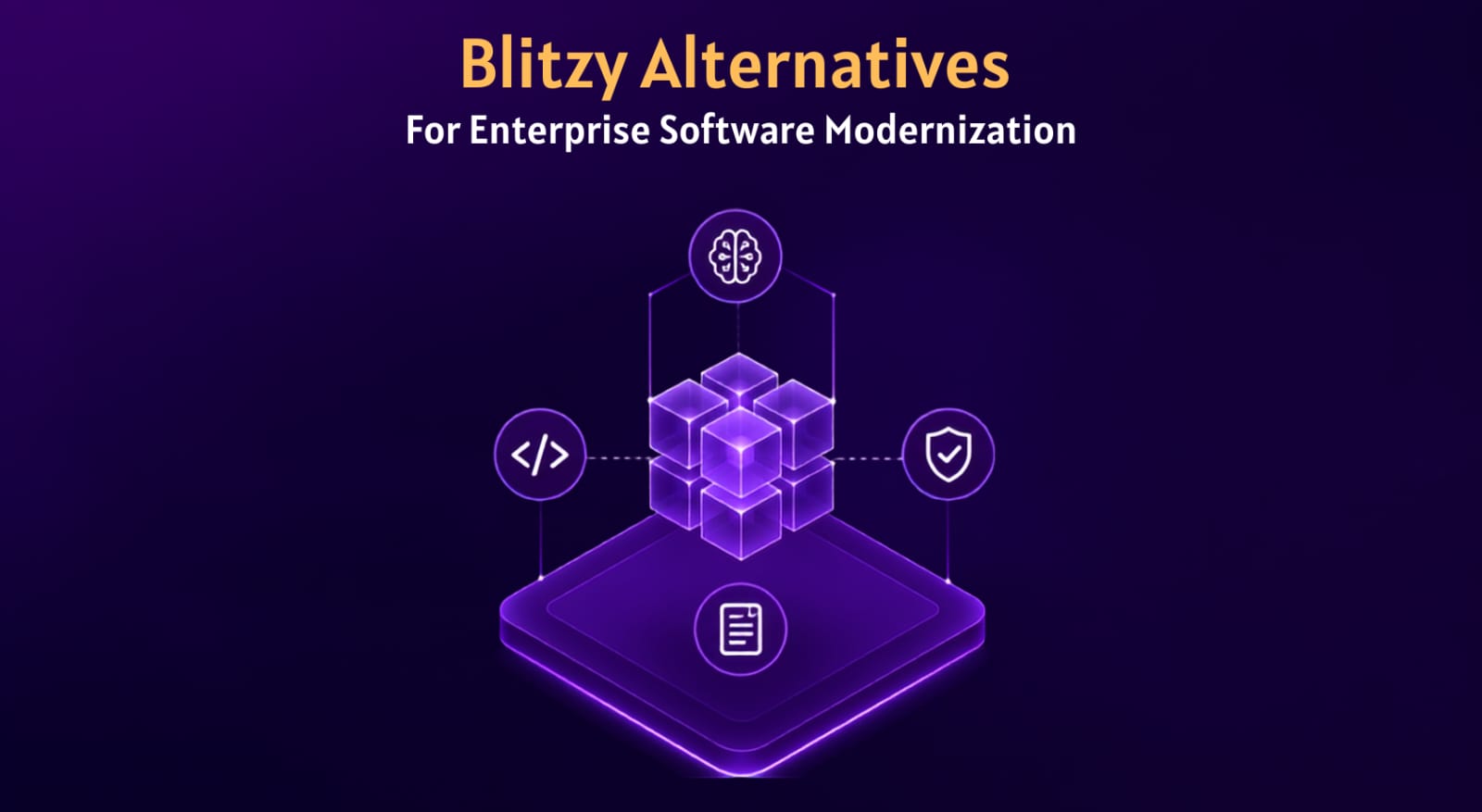Blitzy Alternatives for Enterprise Software Modernization — isometric graphic of a knowledge graph platform connected to code, security, documentation, and AI icons